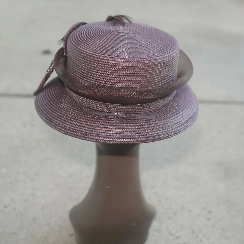 Mauve Brown Ribbon Straw Church Hat Rhinestone Rose Fascinator Vintage Style 12”